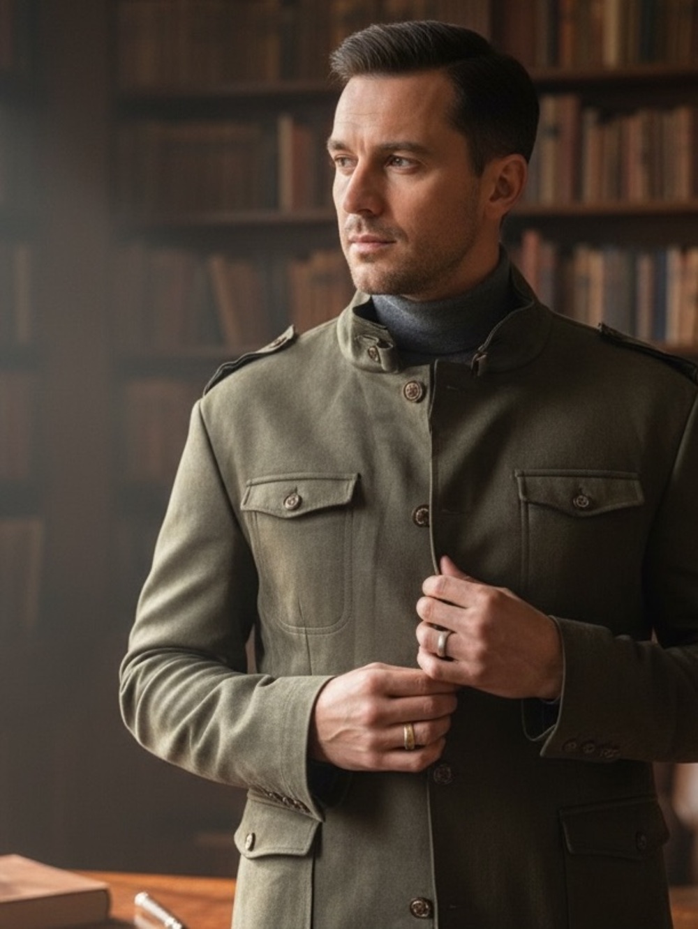 Ron Tomson Khaki Suede Military-Style Field Jacket